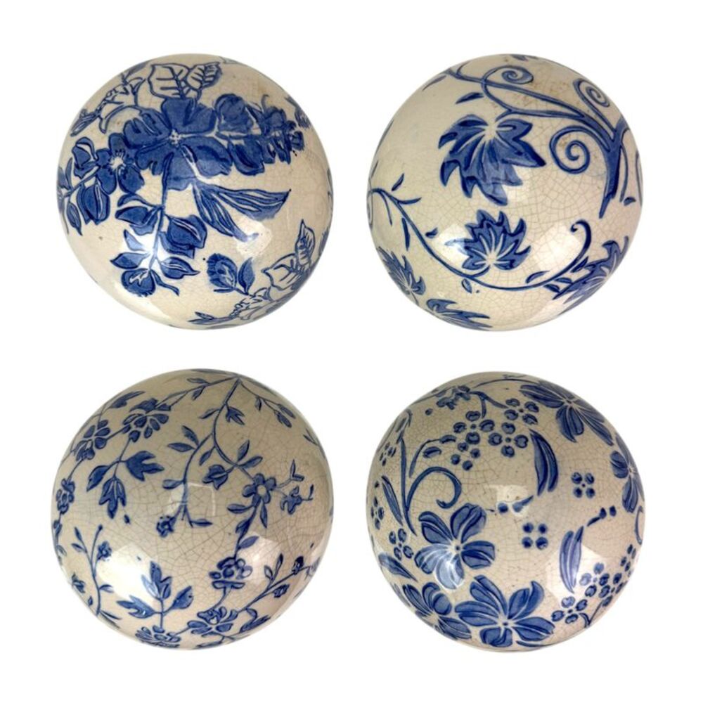 Decorative Orbs Set of 4 Blue White Floral Crackle Ceramic 3.75 In